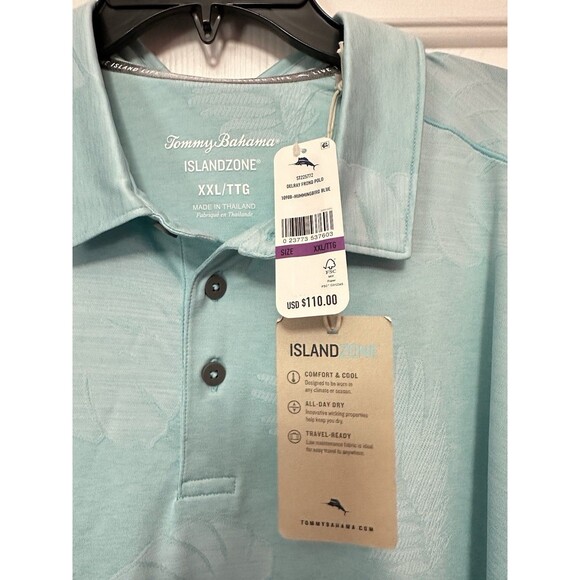 Size 2XL Tommy Bahama Palm Coast Delray Frond IslandZone Polo Hummingbird Blue - Picture 3 of 3